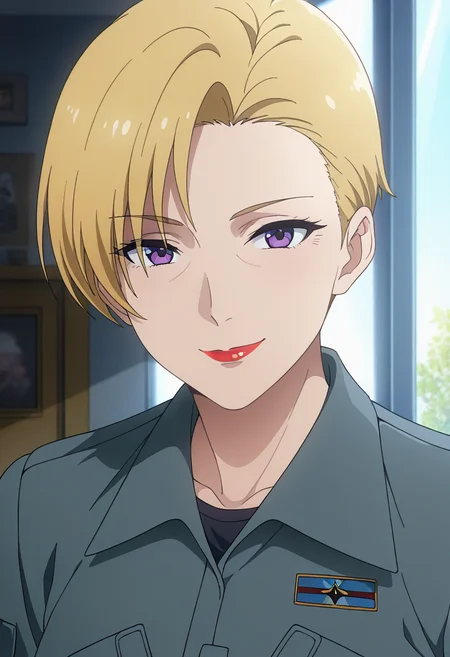 masterpiece, best quality, amazing quality, 1girl, solo, (portrait:1.2), heidemarieww, mature female, purple eyes, blonde hair, short hair, lipstick, red lips, military uniform, grey jacket, looking at viewer, smile, indoors, day, skindentation, detailed clothing folds, depth of field, sharp, high contrast, dynamic light <lora:Barrow_Heidemarie_Bravern_ill:0.9>