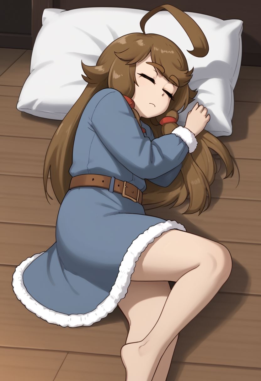 1girl, solo, Blu, brown hair, closed eyes, sidelocks, hair ornament, ahoge, huge ahoge, long hair, thick eyebrows, thick eyelashes, fur-trimmed dress, (fur-trimmed sleeves), bare legs, belt, sleeping, on side, futon, pillow, wooden floor