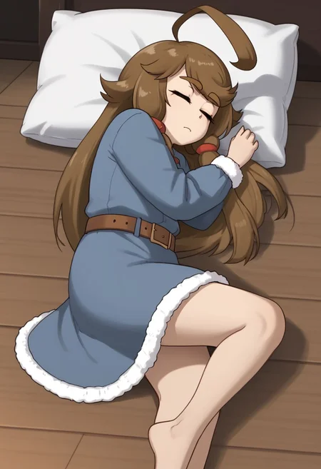 1girl, solo, Blu, brown hair, closed eyes, sidelocks, hair ornament, ahoge, huge ahoge, long hair, thick eyebrows, thick eyelashes, fur-trimmed dress, (fur-trimmed sleeves), bare legs, belt, sleeping, on side, futon, pillow, wooden floor