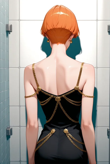 1boy, Rapunzel\(Movie\) style, (Pixar\(movies\):1.15), masterpiece,best quality,amazing quality, volumetric light, newest, Perfect detailed face, solo, clean concrete wall background,
an illustration of an extra skinny femboy, tomboy Trap, Trans girl, shag haircut, bobcut, ginger hair, redhead, flat chest, long_body, thin, (mature, 40yo:1.2), Til blue eyes,
<lora:Chanel_1992_Chain_Dress:0.85> chain outfit, black dress, cleavage, sleeveless, golden chain, jewelry, from behind, facing away,
BREAK Masterpiece, best quality, amazing quality, HDR, 4K, volumetric light, newest, Perfect detailed face, Pixar\(movies\), Disney Princess,