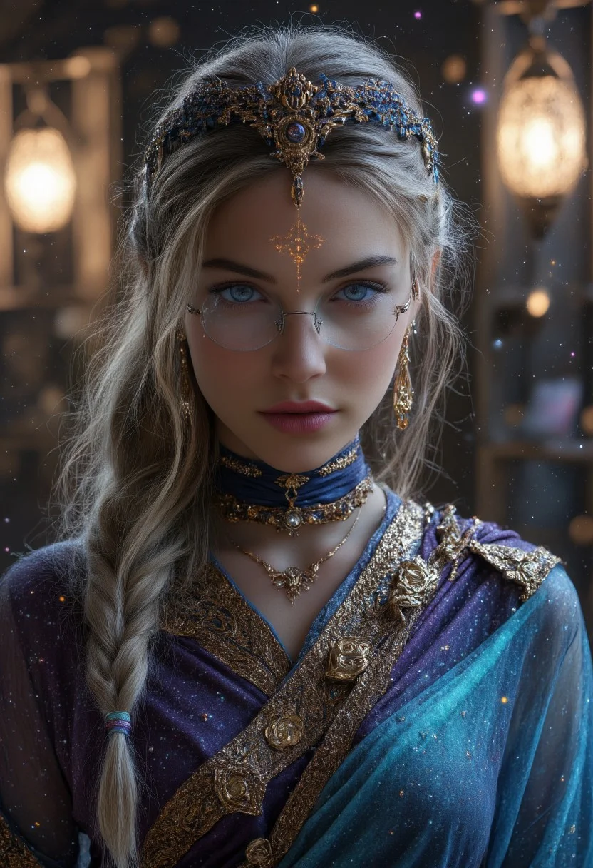 Gorgeous Galactic, A hyper-realistic portrait of a galactic female with glowing skin that shimmers with the colors of the cosmos, adorned with intricate golden ornaments and celestial jewelry. Her body is marked with luminescent runes that pulse faintly, creating a mystical aura. She is wearing round glasses. She wears a flowing, see-through iridescent robe made of stardust-like fabric, and her hair cascades like a nebula, swirling with vibrant colors. You can see her nipples through the robe. The background features distant galaxies and stars, with soft beams of light illuminating her divine form. The image is framed with a cinematic close-up to capture the intricate details of her ornaments and glowing runes.