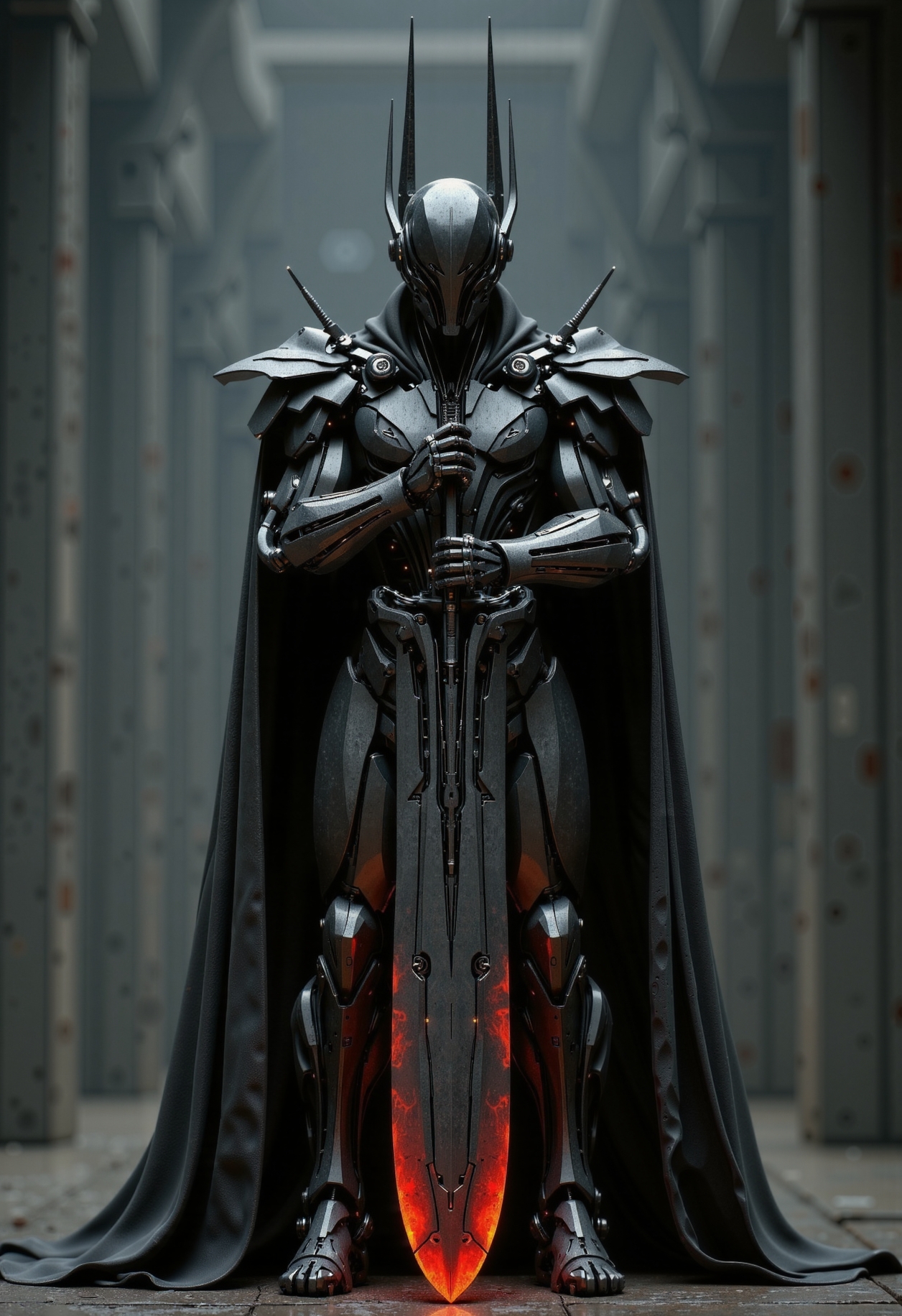 in the style of ckfa, Photorealistic full body shot detailing a faceless android forged in the menacing image of Sauron from Lord of the Rings, standing tall and gripping a massive, brutalist sword. Imposing slightly low-angle three-quarter view, showcasing power. The faceless android features a helmet design directly replicating Sauron's iconic spiked crown: tall, multi-pointed, with sharp, cruel angles crafted from segmented plates of blackened, battle-scarred steel and dark iron. Subtle, intricate dark engravings trace the surfaces. A faint, menacing crimson-orange energy glows from deep within the helmet's visorless void. Extremely intricate mechanical neck, torso, arms, and legs are visible, showcasing layered, jagged plating of scorched gunmetal and obsidian-like composites, mimicking Sauron's intimidating armor. Its articulated gauntlets, fashioned from the same dark metals, firmly grip the hilt of a huge, jagged sword whose design echoes the helmet's spikes and Mordor's harsh architecture. The blade itself is dark, pitted metal, perhaps with glowing crimson-orange runes etched along its length. Exposed heavy-duty actuators in the arms and shoulders, thick bundled cabling, and complex joints are visible, suggesting immense strength. Set against a solid, extremely dark charcoal grey, softly blurred backdrop. Harsh, dramatic cinematic lighting casts deep shadows, accentuating the sharp, menacing geometry, the textures of scorched metal, and the imposing silhouette of both the android and its weapon. A malevolent red-orange underlight illuminates the lower structures and catches edges of the sword. Extreme detail, hyperrealistic textures, menacing presence, (shallow depth of field:0.7).