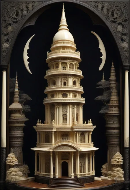 (masterpiece, detailed:1.2), best quality, intricate tower, made out of, ebony, ivory, scrimshaw, bone carving