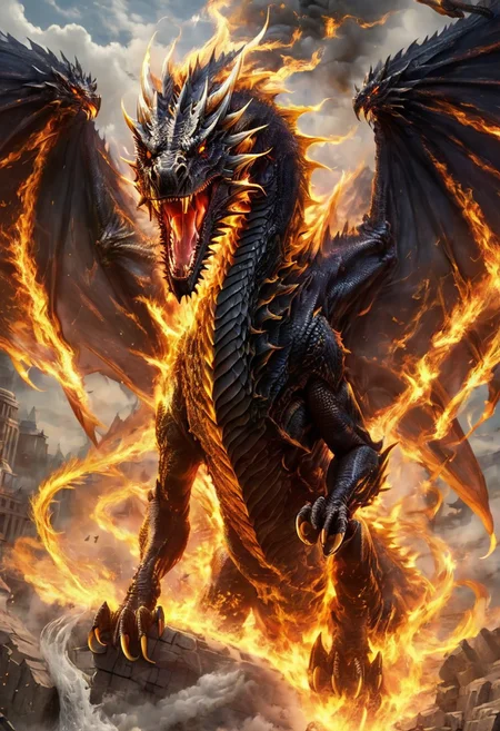 upscale, a black fire dragon, body made of fire, massive gigantic fire dragon, fierce, roaring, looking at the viewer,  hyperrealistic, fantasy, flying around, angry, highly detailed body, super realistic, hi_res, absurd detailed, very detailed face, detailed wings,