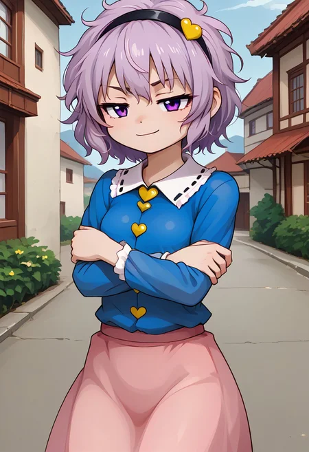 chibi,
ZUN, parody, eyebrows,
1girl, solo,
komeiji satori, light purple eyes, light purple hair, messy hair, short hair, black hairband, blue shirt, pink skirt,
curvy,
small breasts, pale skin,
crossed arms,
smirk,
half-closed eyes,
outdoors, mansion,
