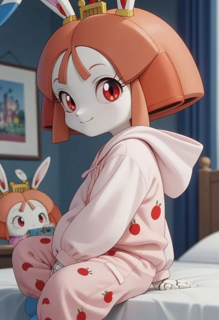 1girl, solo, (Tokugawa Usako, rabbit girl, white skin, ((android)), doll joints, petite), score_9, score_8_up, score_7_up, score_6_up, score_5_up, score_4_up, chibi, short legs, rabbit tall, looking at viewer, 3/4 side view, slightly smil, small breasts, thin waist, smile, red eyes, blurry background, out of focus, Expressiveh, looks at the viewer, jyojifuku, pajamas, baggy pajama pants,