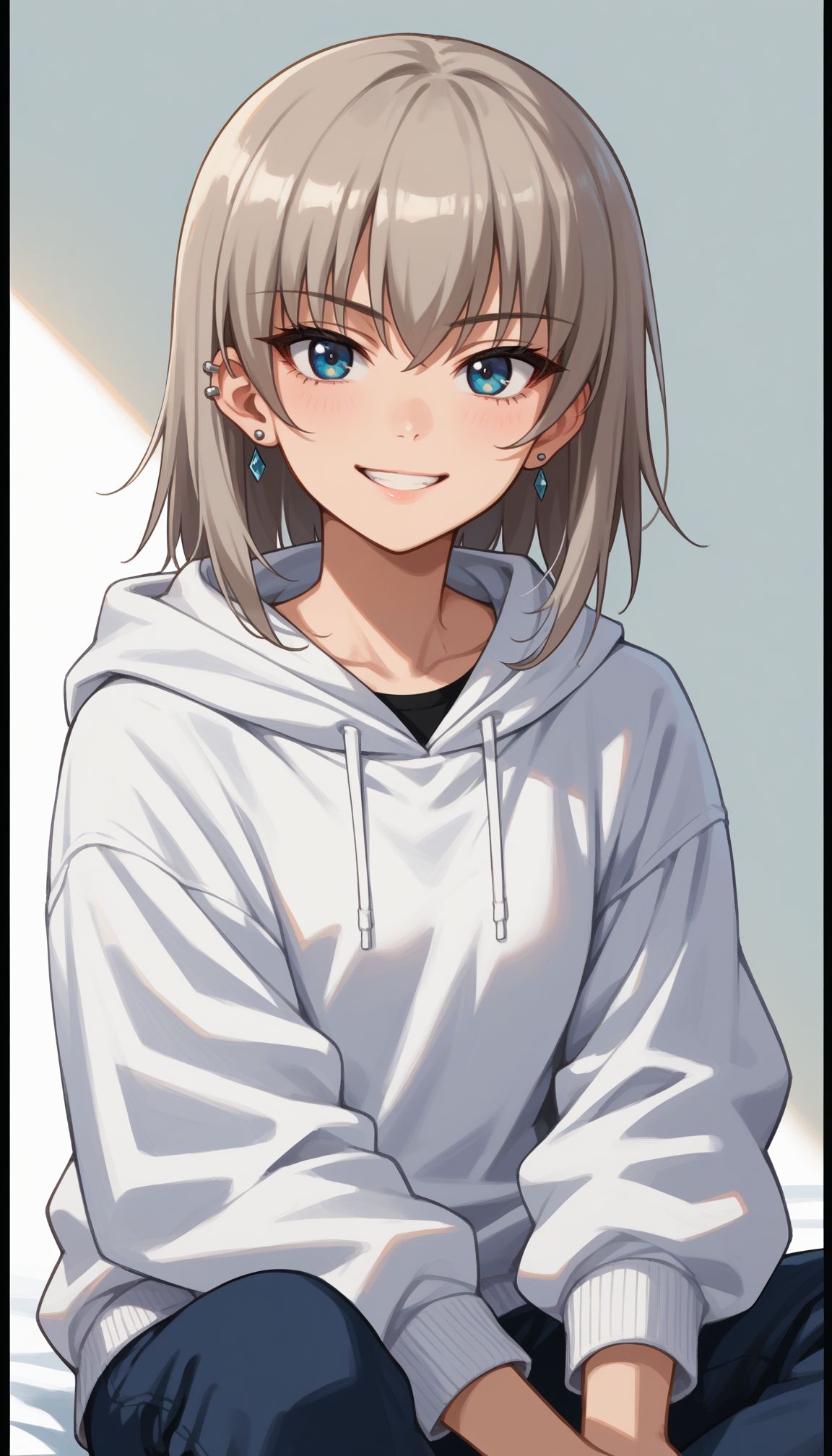 score_9, score_8_up, score_7_up, score_6_up, score_5_up, score_4_up, source_anime, border, ear piercing, earrings, eyebrows visible through hair, jacket, jewelry, looking at viewer, piercing, short hair, sitting, solo, stud earrings, white hoodie, smile, 
 <lora:GUPErika:0.7> , 1girl, itsumi erika, blue eyes, grey hair, long hair,