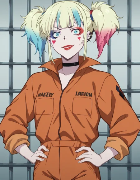 score_9, score_8_up, score_7_up, source_anime,
harleyquinn, <lora:harley-quinn-s1-ponyxl-lora-nochekaiser:1>
harley quinn, bangs, blue eyes, blonde hair, twintails, blue hair, multicolored hair, choker, gradient hair, makeup, piercing, pink hair, lips, lipstick, red lips,
long sleeves, pocket, jumpsuit, orange jumpsuit,
prison, prison cell, smile, hands on hips,
looking at viewer, cowboy shot, dutch angle, solo,