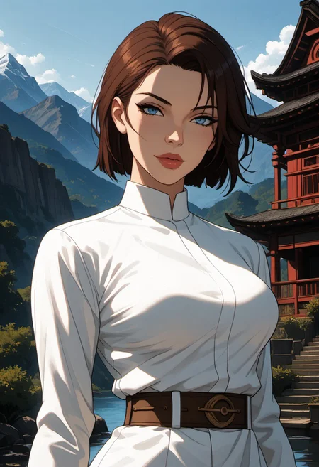 ((zPDXL3)), score_9, score_8_up, score_8, (sexy:2.5), Fantasy, perfecteyes, ultra detailed, high resolution, high quality, masterpiece, intricate details, intricate body, intricate landscape, knva, Expressiveh, European Instagram Model, upper body shot, low light, temple, mountaintop temple,
BREAK
Character: 1girl, solo, source_cartoon, mature female, meetra surik, short hair, brown hair, blue eyes, large breasts,
Clothing: pantyhose, boot, uniform, belt,
Character Pose: confident stance, cocked hip, cowboy shot, beautiful, full lips, looking at viewer, closed mouth,
<lora:4th_tail_v0.3_lora_extract_l:0.60>