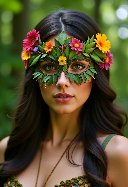 mythp0rt, A delicate mask woven from leaves and flower petals, glowing softly in the moonlight. Designed for a nature goddess, the mask transforms the wearer into a living embodiment of the forest., made of leaves, medieval fantasy