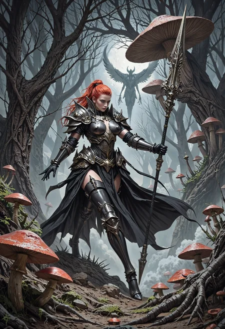 A surrealist gouache artwork showing a cursed vampire, illustrating an unholy scene exploring otherworldly nostalgia. She is holding a pure darkness-made javelin firmly, in a poised stance. The ornate spear's dark silver shaft is crafted from a single piece, ideal for thrusting and throwing with deadly precision. She is armored with an ornate skeleton-armor with a damaged appearance, featuring spikes on the greaves paired with ashen residue coating its surface. Shadowy fog is trailing behind her like a miasma of fallen souls. Cuts and scratch-marks on the armor's surface tell a story of battles past and foes vanquished. She has fiery red hair styled into a tight fantasy updo. In a forsaken mushroom forest with twisted roots snaking through the anthracite soil, resembling skeletal hands reaching out of the surface. The setting's intense tension is accentuated by foreboding light. The artwork's style is dynamic, featuring contrasting colors and palette knife techniques; atmospheric.