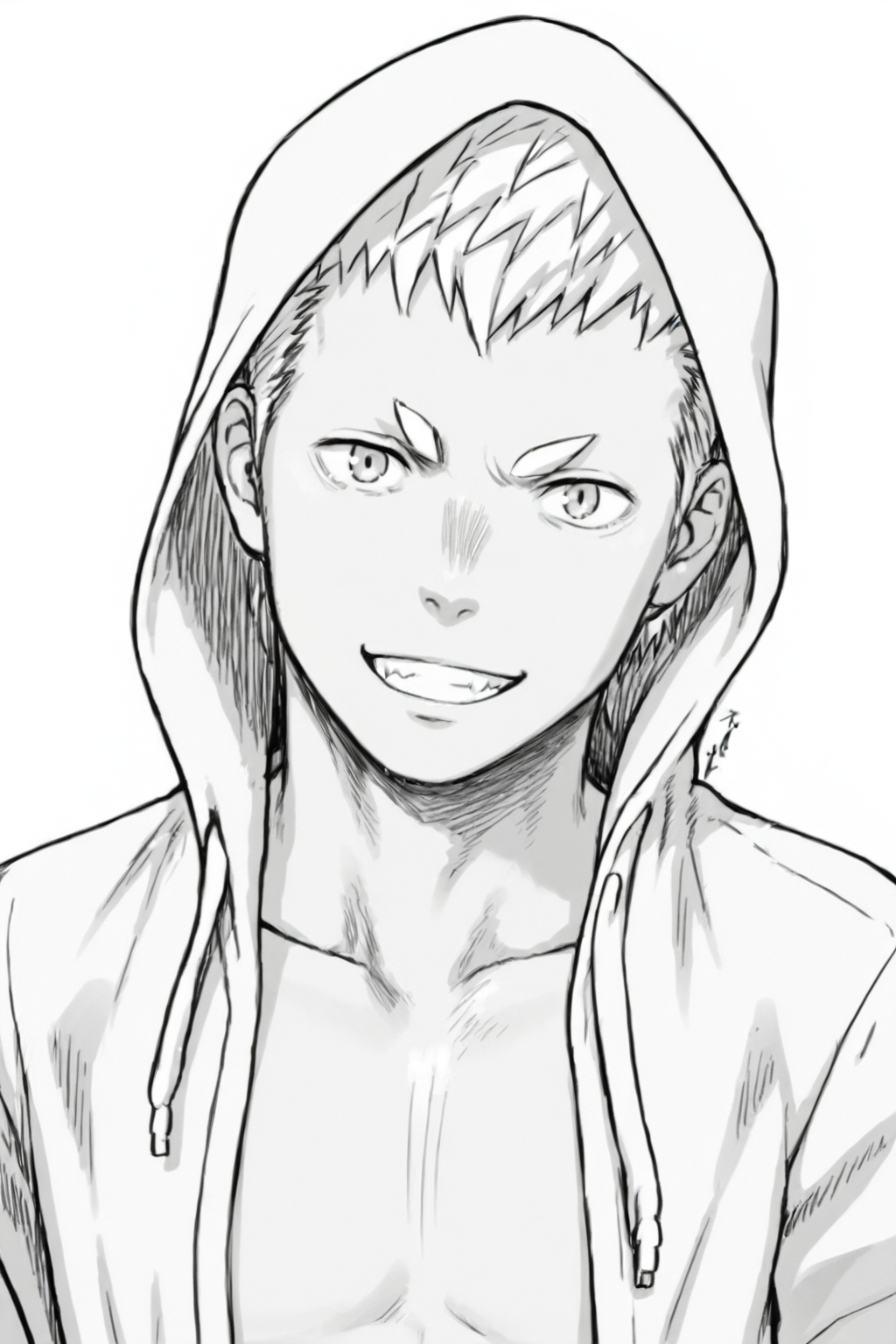 <lora:Hino:0.8>, 1boy, solo, Hino Ryuunosuke, hoodie, open clothes, open chest, grin, looking at viewer, simple background, thick eyebrows,  manga, grayscale,