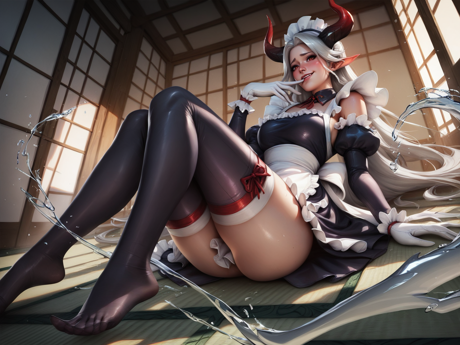 1girl :3 apron ass bare_shoulders black_dress blush breasts clothes_lift day detached_collar detached_sleeves dragon_girl dragon_horns dress dress_lift embarrassed feet finger_to_mouth frilled_apron frills from_below full_body gloves hair_on_horn half-closed_eyes hands_up horns indoors large_breasts legs lifted_by_self long_hair lying maid_headdress nervous_smile on_floor on_side presenting red_eyes smile solo splashing tatami teasing thighhighs thighs very_long_hair waist_apron white_apron white_gloves white_hair, <lora:LeagueOfLegends-000008:0.8>, <lora:LOLT1-15:0.5>, score_9, score_8_up, score_7_up, score_6_up