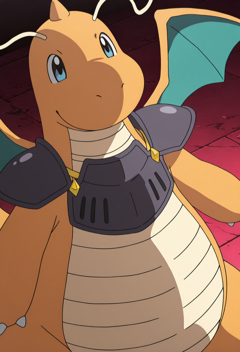 masterpiece, best quality, anime screencap,  zzDragonite,  armor,   ,<lora:DragonitePokedex_IXL_v1:1.0>,