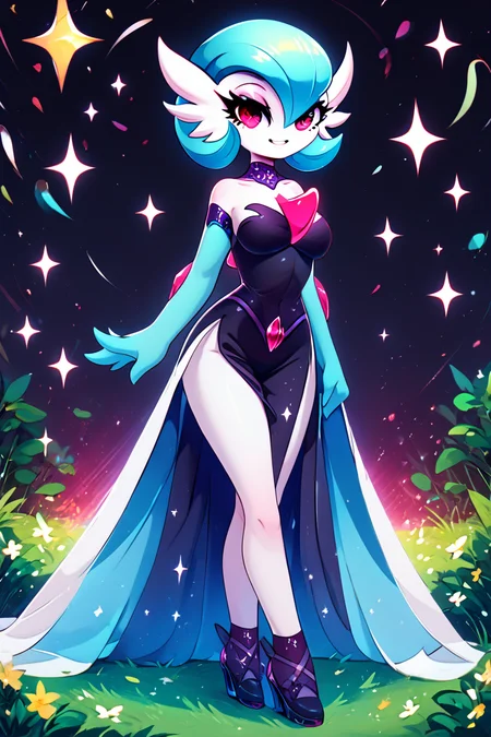 score_9, score_8_up, score_8, medium breasts, (curvy), cute, eyelashes, BREAK, , zzshinygardevoir, dress, bare shoulders, medium breasts, standing, collarbone, black dress, gloves, elbow gloves, strapless dress <lora:Shiny_Mega_Gardevoir_PDXL:1.0>, , BREAK, socks, big shoes, ,,, smile, looking at viewer, cowboy shot, ,,, embedding:zPDXL, Expressiveh, ,,, <lora:CuteToonPDXL:1.0>, <lora:SDXLFaeTastic2400:0.5>, <lora:Expressive_H-000001:0.4>,