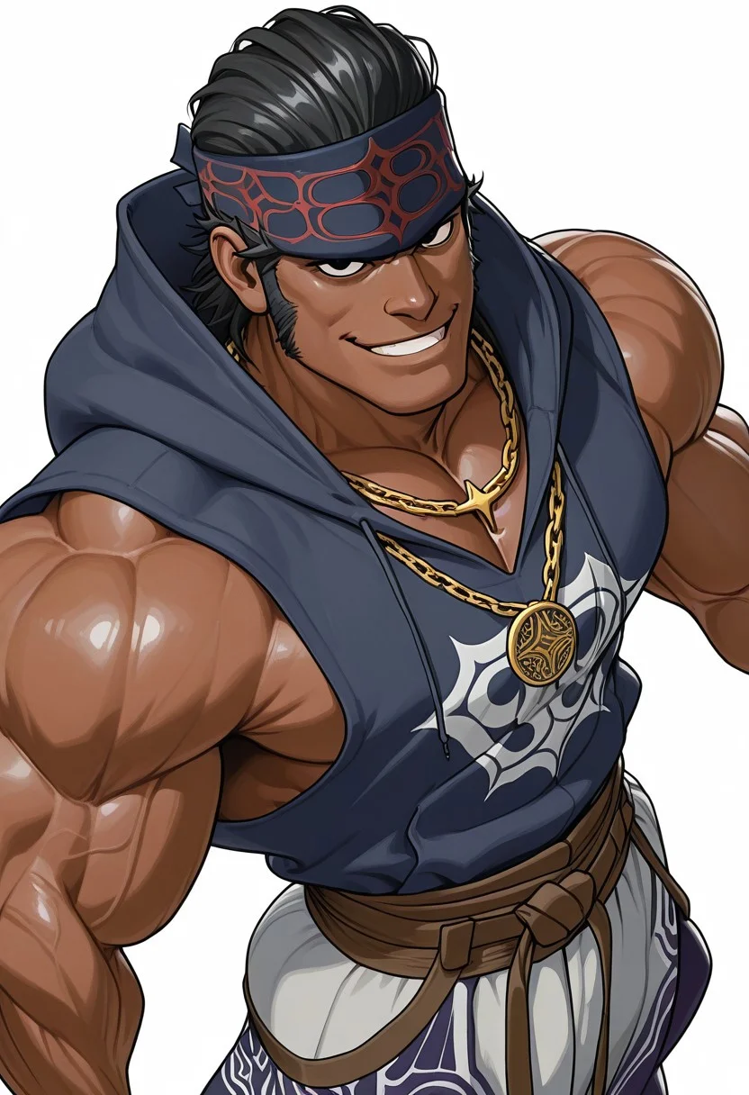 Kirawus, GKKirawus, black hair, black eyes, long sideburns, solo, male, black ainu headband, face focus, perfect face, IllustratedafricanmaleV1.5, dark-skinned male, african male, african, muscular, nice eyes, sleeveless hoodie, big biceps, looking at viewer, smirk, detailed eyes, nice eyes, gold chain necklace, pants, smiling, 2024, 2023, 2022, w0lfc0nf, masterpiece, best quality, amazing quality, harem pants, saggy pants, hip hop pants, muscular male, big muscles, (dynamic viewing angle, dynamic pose)