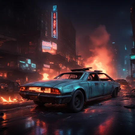 cars parked on the street burning, shops burning with shattered glass, night time, dystopian sci-fi, cyberpunk, neon signs, 8k, photo realistic, masterpiece, (low angle)