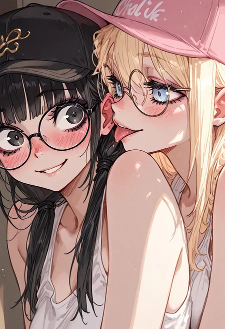 masterpiece, best quality, very aesthetic, absurdres, ambient light, soft light, SagawaStyle, Rapscallionstyle, ma1ma1helmes_b_illu,sketch,
2girls, upper body, close up, girl 1 licking the ear of girl 2, detailed eyes, 
girl 1: side view, blonde, to pink hair, baseball cap, sexy tank top, makeup, lustful smile, 
girl 2: front view, black hair, long taintails, white shirt, glasses, shocked, surprised, red face, blush, 
high detail, soft shadows