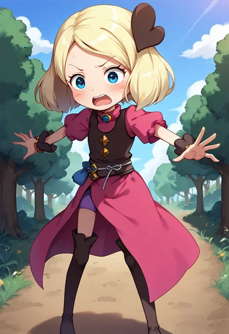 score_9, score_8_up, score_7_up, best quality, uncensored, source_anime, BREAK
1girl, sw-mayone, blond hair, short hair, heart hair ornament, blure eyes, blush stickers, pink dress, brown vest, sw-mayone outfit, purple bike shorts, brown thigh boots,
pantyshot, outstretched arms, surprised, outdoors, 
<lora:sdxl_lightning_8step_lora:1> <lora:sw-mayone_XL(pony):1>