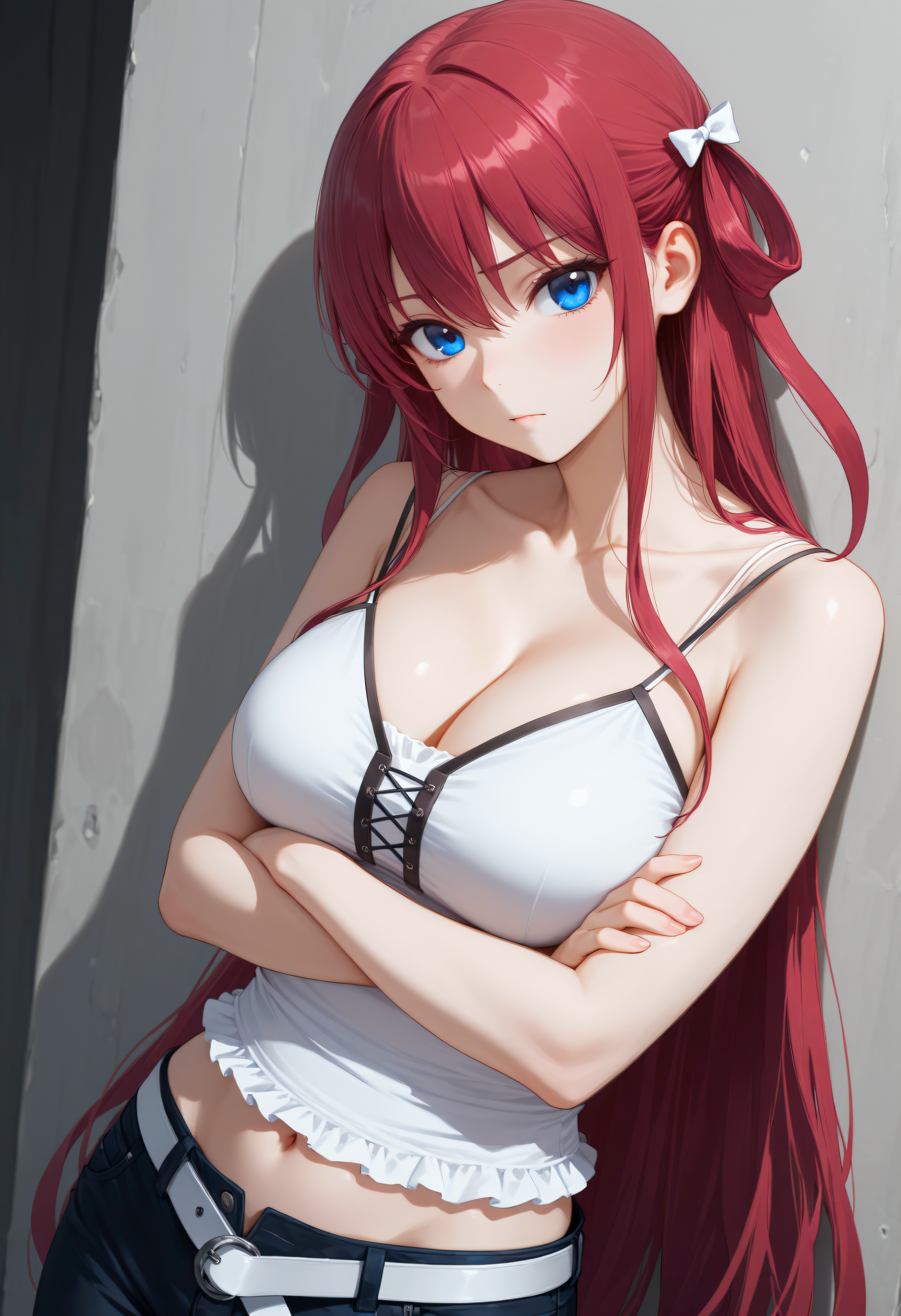 <lora:Char_SuouAmane:1>, red hair, long hair, blue eyes, two side up, hair bow, hair rings, white bow,
Am4Cas, white camisole, black strap, black trim, crop top, cleavage, collarbone, midriff, navel, white belt, black jeans,
against wall, leaning back, crossed arms, dutch angle, looking at viewer, very awa, masterpiece, best quality, highres, absurdres