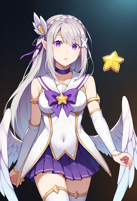 score_9, score_8_up, score_7_up, source_anime,
BREAK
<lora:shistarguardianV1:1.0>,
shistarstylerng, starguardianstyle, magical girl, alternate costume, star guardian \(league of legends\),
pleated skirt, zettai ryouiki, thighhighs, choker, covered navel, turtleneck, cleavage, detached sleeves, elbow gloves, jewelry, gem, feathered wings,
tiara, sailor collar, eyes visible through hair, armlet, circlet, pink lips, bow, bowtie,
alternate hairstyle, alternate hair color, hair ornament,
1girl, solo,
<lora:shiEmiliaV2:1> shimilia, long hair, grey hair, purple eyes, pointy ears, crown braid, hair flower, hair ribbon, purple ribbon, x hair ornament