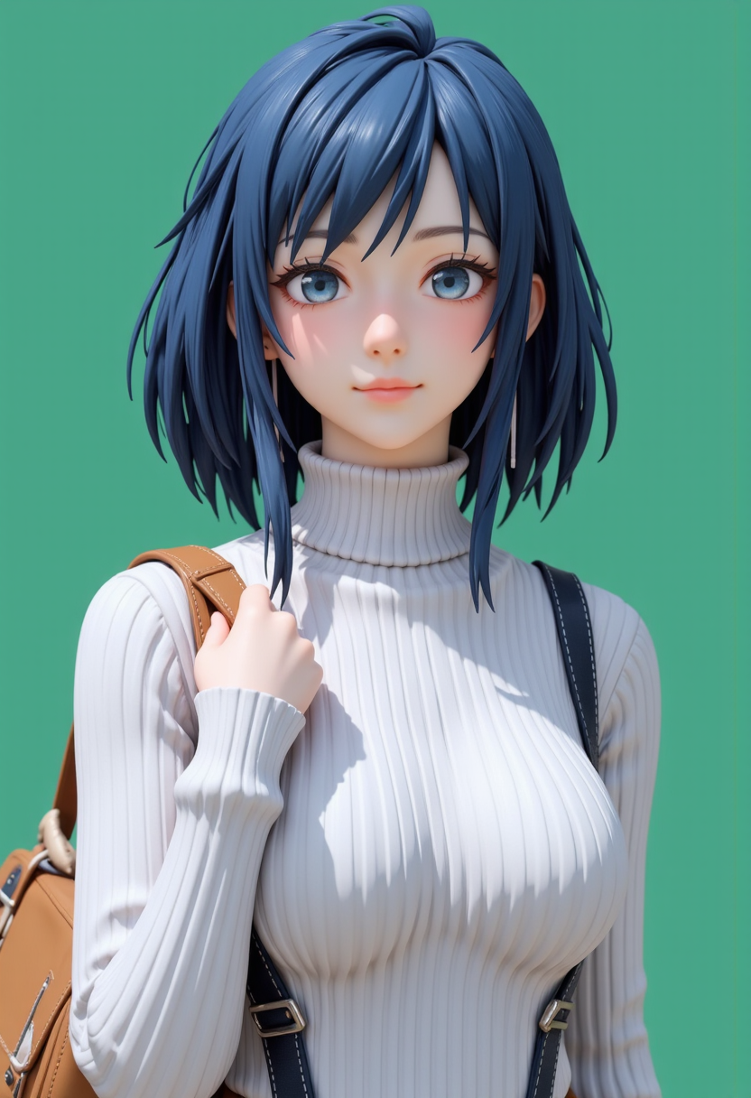 Headshots,masterpiece, a beautiful woman,Hyperrealistic, she is smiling, dynamic angles, multiple angles, photoshoot poses; A photo of Gussuma_Yukinoshita_Yukino-000001, a woman with blue hair, she has massive breasts, a beautiful girl,she is wearing a white turtleneck sweater.she has massive breasts, she has piercing eyes. a dynamic pose and a sense of action. simple green background, and the lighting is soft, creating a dramatic effect, creating a focused and dynamic pose.; the scene is set in a beautiful well-lit environment, with a sense of action and adventure. Style: realistic hyper-detailed rendering, 32k UHD, expressive eyes, punk, graphic design, girl's face, pretty and cute, gleaming lips, telling a tale of adventure. Exuding confidence and serenity. The overall mood of the image is happy and relaxed, detailed skin texture,(blush:0.2),(goosebumps:0.3), subsurface scattering,with a playful and whimsical tone,perfect hand, hand, detailed hand,niji style,retro50s_style,