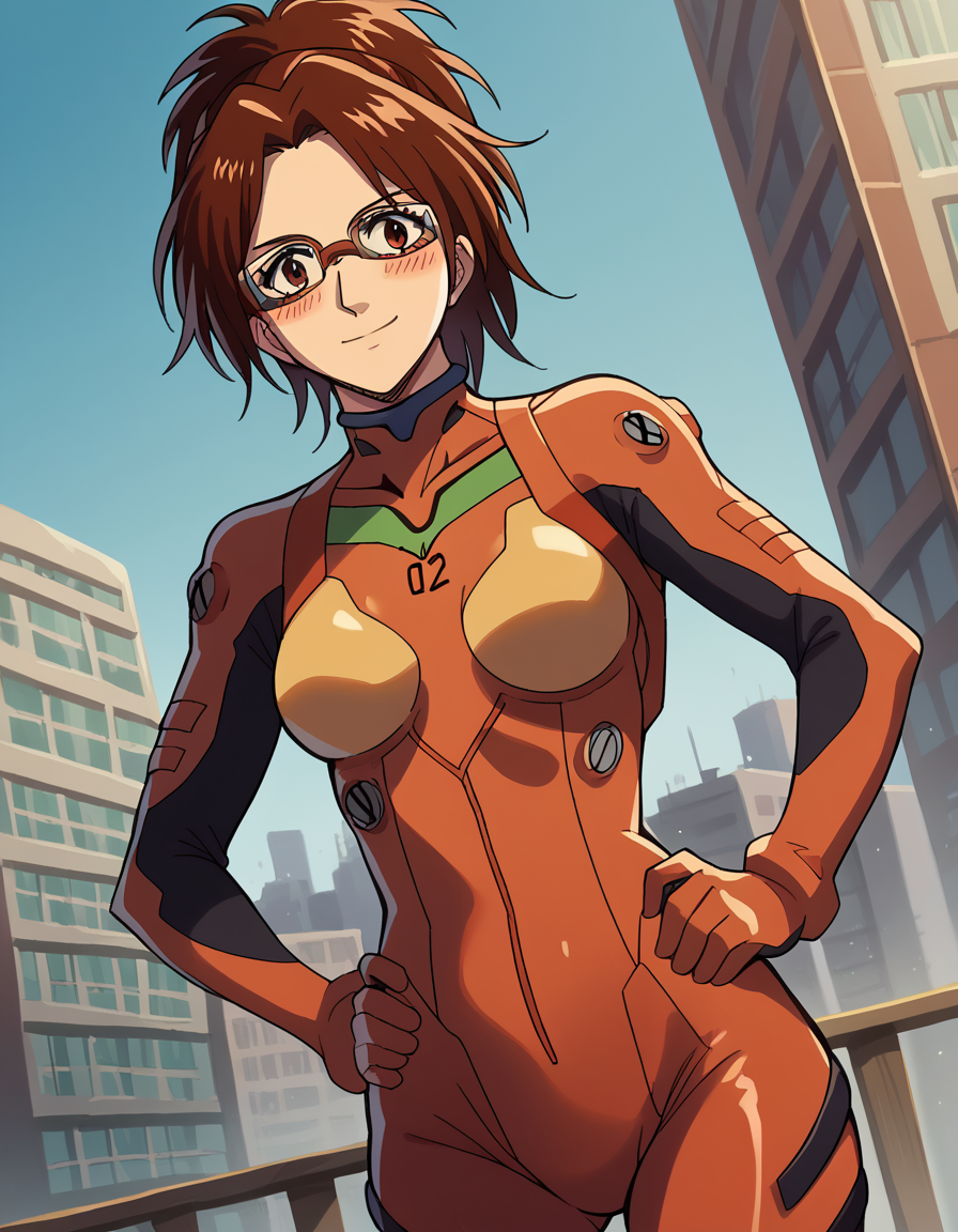 score_9, score_8_up, score_7_up, source_anime, <lora:zoe-hange-s1-ponyxl-lora-nochekaiser:1>, zoe hange, brown hair, brown eyes, ponytail, glasses, mature female, medium breasts,, <lora:souryuu-asuka-langley-cosplay-ponyxl-lora-nochekaiser:1>, souryuuasukalangleycosplay, souryuu asuka langley (cosplay), bodysuit, pilot suit, plugsuit, red bodysuit, interface headset,, cityscape, smile, blush, hands on hips,, , cowboy shot, dutch angle