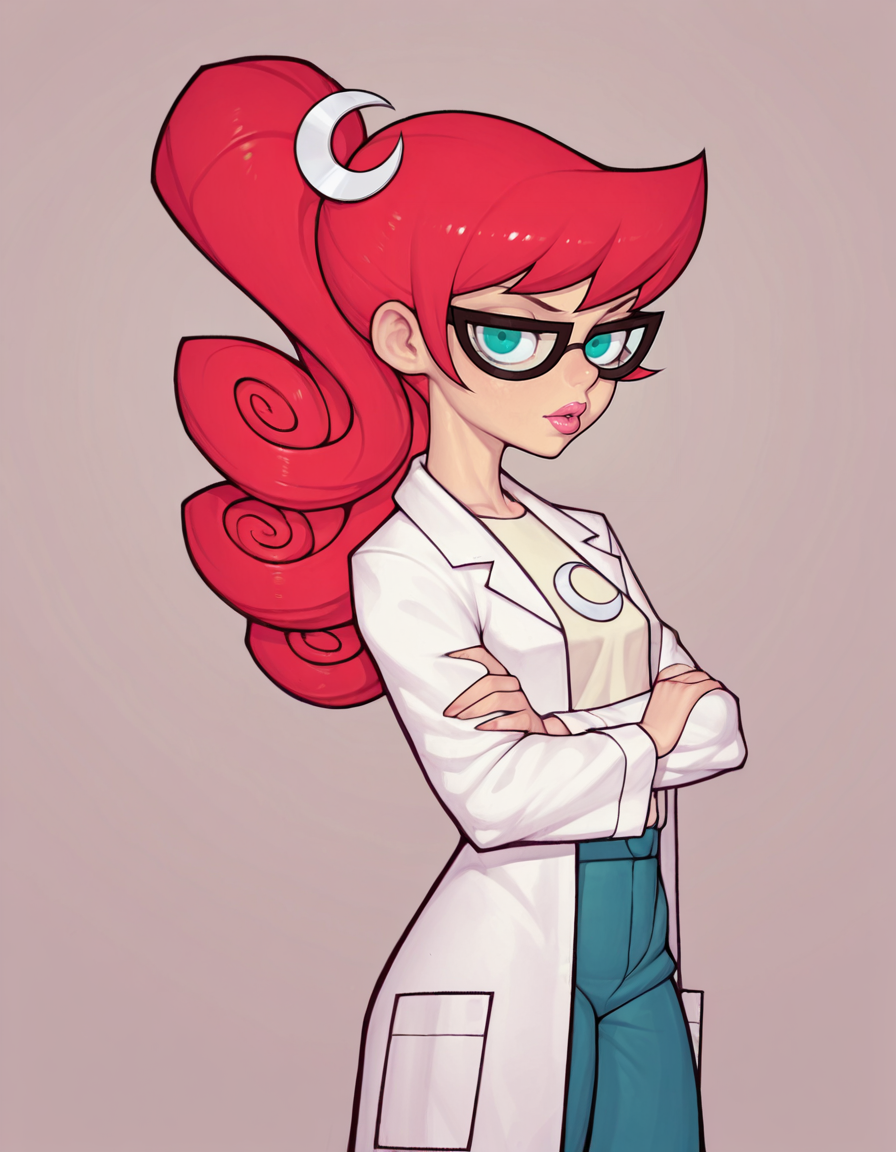 marytest, glasses, 1girl, red hair, ponytail, solo, long hair, hair ornament,crescent,  aqua eyes, labcoat, curly hair, lips, lipstick, t-shirt, looking at viewer, masterpiece, best quality, amazing quality, very aesthetic, absurdres <lora:MaryTestIllustrious1.0JLFO-000017:0.8> simple background,cowboy shot,asura \(asurauser\),