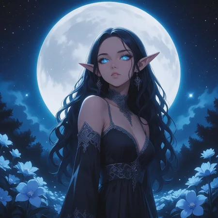 elf, female, elf ears, long flowing black hair, black dress, glowing eyes, moonlit night, full moon, night sky, stars, glowing flowers, moonlight glow, best quality, <lora:Elf-000011:0.5>