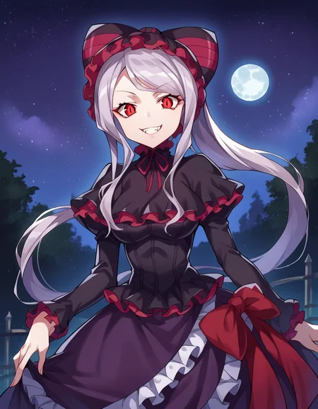 score_9, score_8_up, score_7_up, source_anime,
shalltear, <lora:shalltear-bloodfallen-ponyxl-lora-nochekaiser:1>,
shalltear bloodfallen, grey hair, long hair, red eyes, silver hair, evil smile, evil grin,
black dress, bonnet, bow, dress, frilled dress, frills, large bow, long sleeves, vampire,
outdoors, night, forest, night, moon, starry sky,
looking at viewer, cowboy shot, dutch angle,