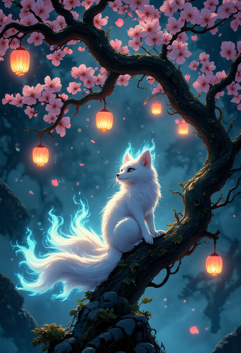 photograph, A curious white fox with six tails tipped in glowing blue flames sits under an ancient, twisted cherry blossom tree. The blossoms float like tiny lanterns, casting an ethereal light onto the forest floor. The scene is dimly lit, with a magical mist weaving through the air, creating a sense of wonder and serenity. Ultra-realistic, 35mm photograph, cinematic lighting, shallow depth of field.  aidmamj6.1