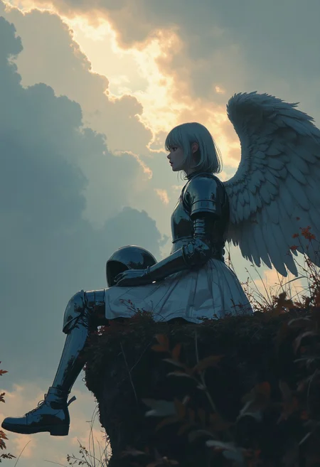 score_9, score_8_up, score_7_up, score_6_up, _Style, masterpiece, high quality, extremely detailed, detailed background, perfect fingers, perfect face, angel girl, duo, perfect face, sun breaking through the clouds, battlefield background, outside, gloomy sky, seated on cliff, swords in the ground, light through the darkness, very beautiful girl, knight boots, very short hair, knight, solo, angel, holding helmet, armor, silver armor, fully covered in armor, solemn, stoic, shining armor, angel wings, wings wrapped around, framed by feathers, realistic, helmet, no face,lighting<lora:Midjourney_Whisper_Minimal:1>,