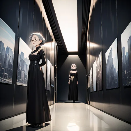 (graphic novel style, dark novel style:1.5),(anime), (masterpiece:1.4), (soft cinematic light:1.1), incredibly lifelike, Extremely high-resolution details, 8k, best quality,extremely detailed, contrast,
high tech design,
 gallery of contemporary art, inside, a old woman walking against the backdrop of a giant floor-to-ceiling window, through which one can see a city landscape with skyscrapers and a sunset ,fullbody, open mouth, one ((elderly)) woman in a ((black long dress)) and black high-heeled shoes, elderly, old woman, [Nordic], Hourglass elongated body, Oval Face, Long neck, Rounded shoulders, long slim thin arms, Attached Pointed ears, round forehead, (gray Updo short combed back hair), snub nose, Arched eyebrows, Monolid black Eyes, High Round Narrow cheekbones, Hollow Cheeks, Rounded Chin, Rounded Jawline, thin Lips, (black eyes), (square glasses), Wrinkles and Fine Lines, a large white canvas at the wall,