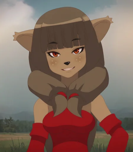 score_8_up, score_7_up, anime screenshot, looking at viewer, (upper body:1.1), (face focus:1.4),
<lora:Miranda v2:0.8> 1girl, miranda \(wakfu\), animal ears, brown hair, blunt bangs, long hair, red eyes, light freckles, mirandadress, furry, mirandadress, red dress, black long skirt, red detached sleeves, furry,
BREAK
official wallpaper, sparkle, clouds, grass, meadow, forest, mountain, misty lake, own hands together,
