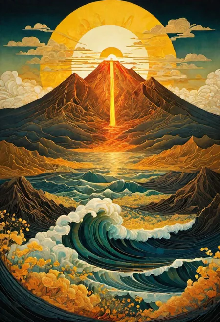 very beautiful insanely detailed image of glowing seascape volcano in golden spring". beautiful golden mountains, bright dark yellow ornate sun, by Victo_Ngai, Oleksandra Ekster, Malevich, Vladyslav Yerko and Alexander Jansson, Vladyslav Yerko! Very Complex perfect elegant composition! linen gesso acrylic paper, epic Dramatic lighting! Razor-sharp quality insanely detailed, deep colors realistic masterpiece<lora:xl_more_art-full_v1:0.5>