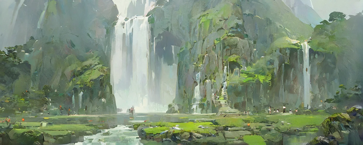 chinese buliding,temple,guofeng,(pond:0.8),sunkilow,concept art,waterfall come from the mountain top,panorama,long shot,(reflection light:0.8),masterpiece,best quality,high quality,high details,UHD,gloomy,(low saturation:0.4),artstation,(oil painting:0.8),bichu,<lora:Vcu;SDXL:0.4>,<lora:bichu230728-000006_0.5+bichu230729-000008_0.5:0.6>,<lora:gloomyXL:0.6>,