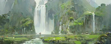 chinese buliding,temple,guofeng,(pond:0.8),sunkilow,concept art,waterfall come from the mountain top,panorama,long shot,(reflection light:0.8),masterpiece,best quality,high quality,high details,UHD,gloomy,(low saturation:0.4),artstation,(oil painting:0.8),bichu,<lora:Vcu;SDXL:0.4>,<lora:bichu230728-000006_0.5+bichu230729-000008_0.5:0.6>,<lora:gloomyXL:0.6>,