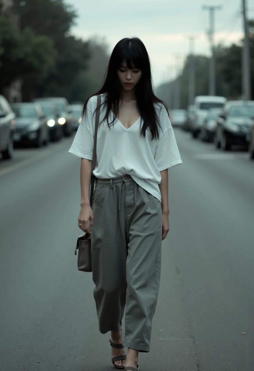 A woman walks alone through a busy suburban town, her figure bathed in the subdued light of an overcast day that seems to cast a somber mood over everything around her. Her face is slim and heart-shaped, with bangs cut straight across her forehead - as she looks down at something off to the side, her head is tilted forward in a way that's both introspective and private. A thin body clad in baggy low-cut t-shirt seems to blend seamlessly into the surrounding environment, but as she moves, the fabric appears to stretch tight over her chest in a way that's just a little too revealing - giving off a sense of subtle sensuality that's hard to ignore. Long black hair falls down her back like a waterfall of night itself, while baggy capri pants seem to envelop her legs in a way that's both relaxed and carefree. A white shirt with short sleeves seems to provide a jarring contrast to the dark tones of the t-shirt and hair - as she walks toward you, the subtle texture of the fabric appears to catch the faint light in a way that's almost mesmerizing. A bag hangs from her shoulder like a weight, giving off a sense of burden or responsibility that seems to weigh heavily on her mind. Sandals seem to be the only thing holding her feet to the ground as she moves - every detail seems to whisper a sense of quiet introspection and contemplation, as if this woman is caught up in some private world of her own creation: one where anything is possible, and nothing can ever be quite the same again.