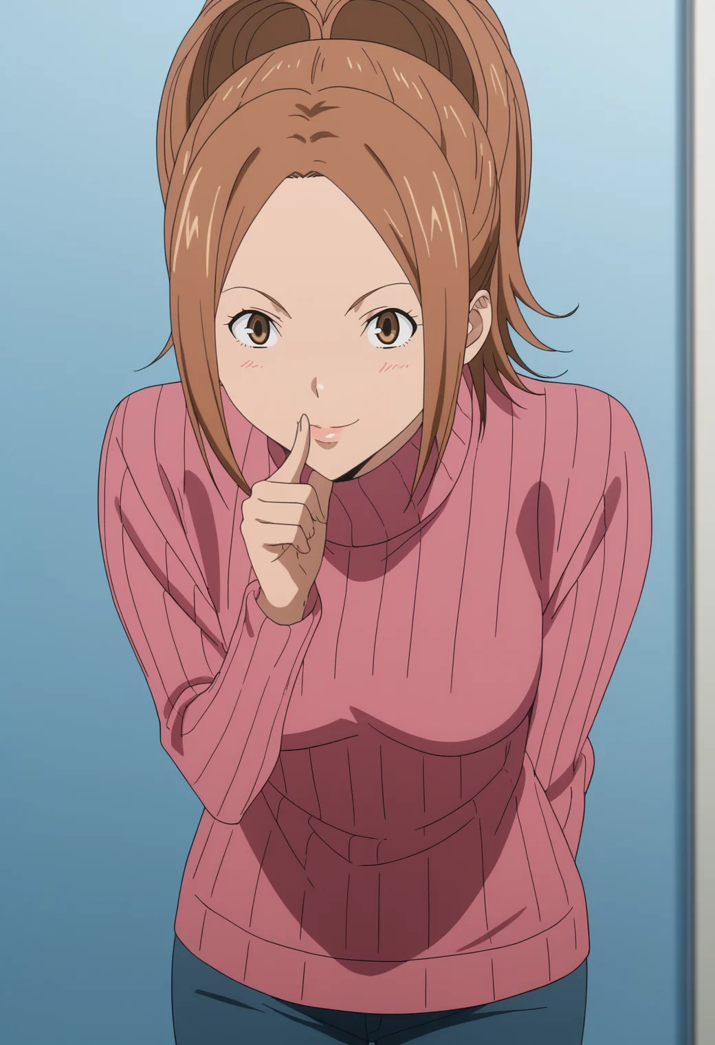 score_9, score_8_up, score_7_up, BREAK, 1girl, anime screencap , <lora:DX888Kaya:1> miyoshi kaya, brown hair, brown eyes,, ponytail, turtleneck sweater, pants, smile, BREAK blue background, pastel background, solo, standing, hand on own chin, looking at viewer, leaning forward, arm behind back,index finger raised,