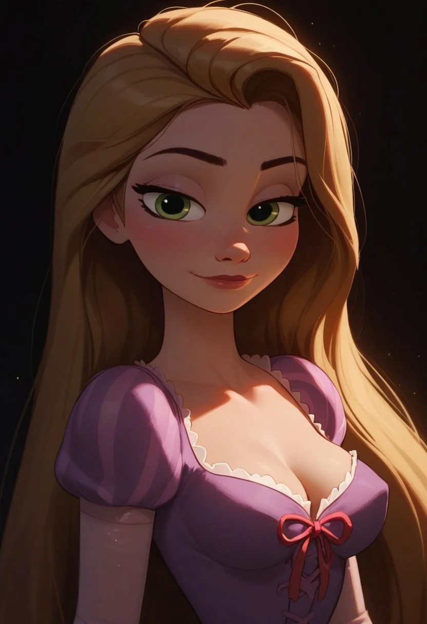 score_9, score_8_up, score_7_up, score_6_up, 1girl, RapunzelWaifu, semirealistic, highly detailed, 18 years old, close up, bedroom eyes, sultry eyes, come hither look, seductive, in love with viewer, ready to fuck, purple dress, puffy sleeves, very long hair, blonde, green eyes, cutest girl in the world, (medium teardrop breasts:1.2), cleavage, sexy, young face, kinky, round face, dark background, warm lighting