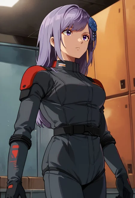 zPDXL3, asano_ruri, purple eyes, long hair, purple hair, hair ornament, virtual youtuber,bangs,hair flower, medium breasts,black spacesuit, black gloves,cowboy shot, locker room