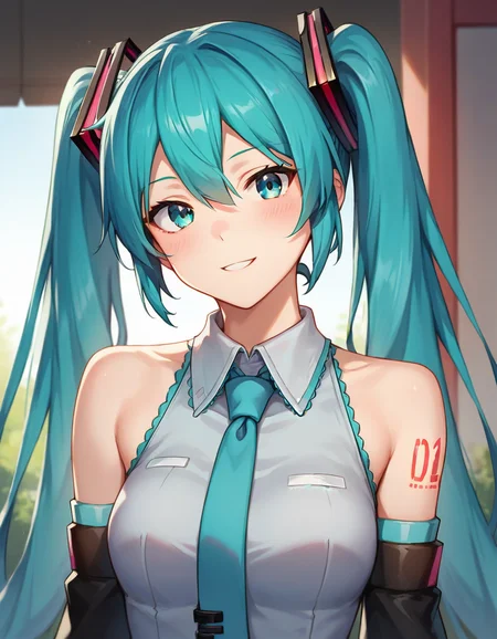 score_9,score_8_up,score_7_up,score_6_up BREAK official art,solo,outdoors,smile,upper body,(portrait:2),cheek-to-cheek,looking at viewer,facing viewer,hatsune miku,absurdly long hair,aqua hair,twintails,hair ornament,sidelocks,hair between eyes,parted bangs,aqua eyes,white shirt,collared shirt,bare shoulders,sleeveless shirt,aqua necktie,detached sleeves,black sleeves,shoulder tattoo,fringe,black thighhighs,miniskirt,pleated skirt,zettai ryouiki,thigh boots,<lora:Hatsune Miku(voi)-Pony:0.2>,<lora:Smooth Anime Style LoRA XL:0.8>,