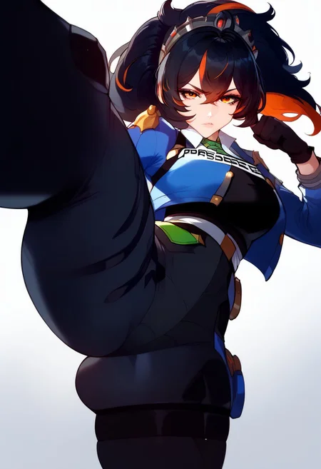 score_9, score_8_up, score_7_up, score_6_up, score_5_up, score_4_up, Expressiveh, lowangleview-3000, 8k, 1girl, beautiful, sexy, cute, highres image, kicking, kicking at viewer, police uniform, blue jacket, long sleeves, black vest, white shirt, collared shirt, green necktie, black gloves, black pants, belt, zhuyuan, ponytail, orange eyes