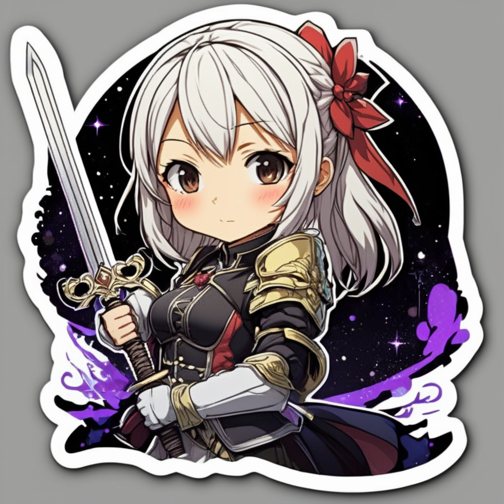 1girl, holdinga  sword, anime style, sticker, stickers, <lora:StickersRedmond:1>