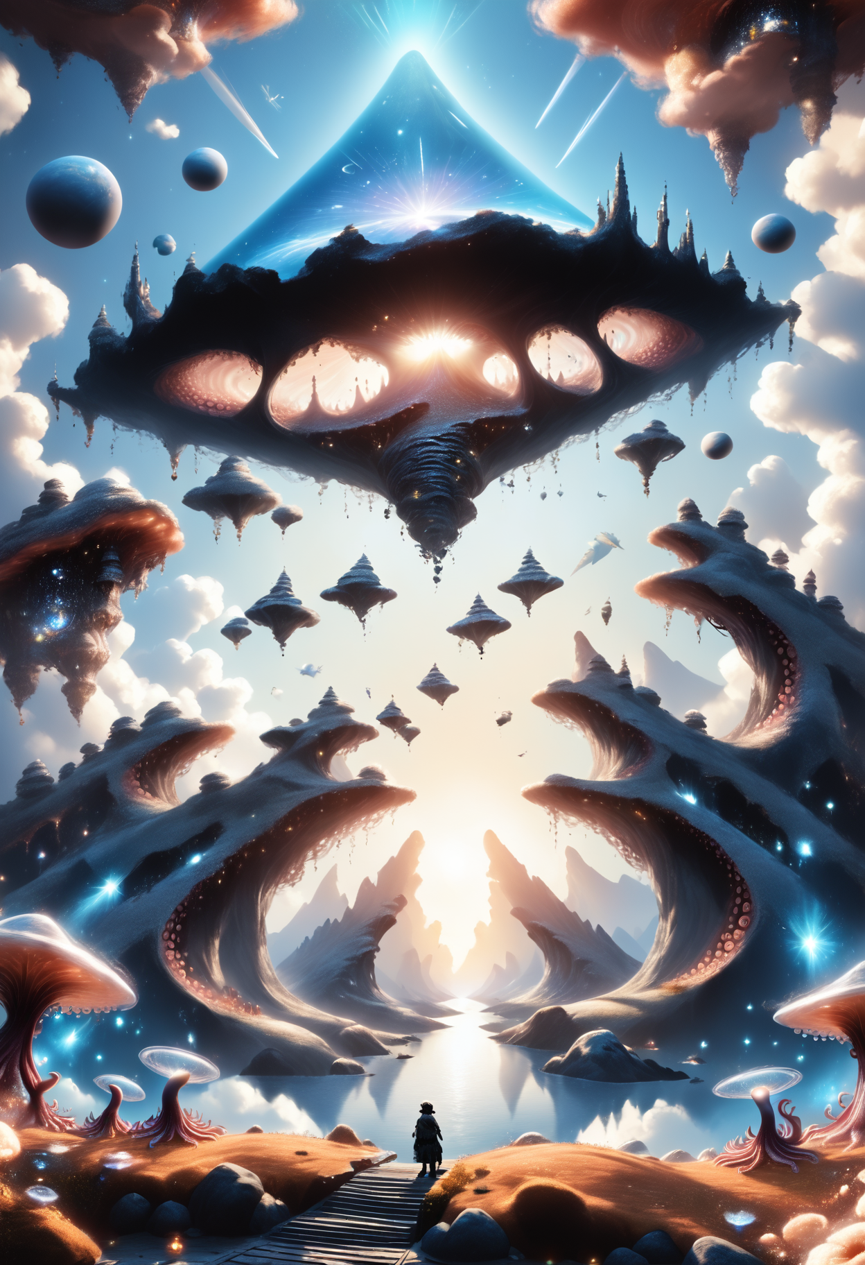DonM71m37r4v3lXL, score_9, score_8_up, score_7_up, score_6_up, dystopian cityscape, octopus,mountain cedar,shooting star trail,trail , time travel , rating_safe,  <lora:DonM71m37r4v3lXL-pony:0.8>