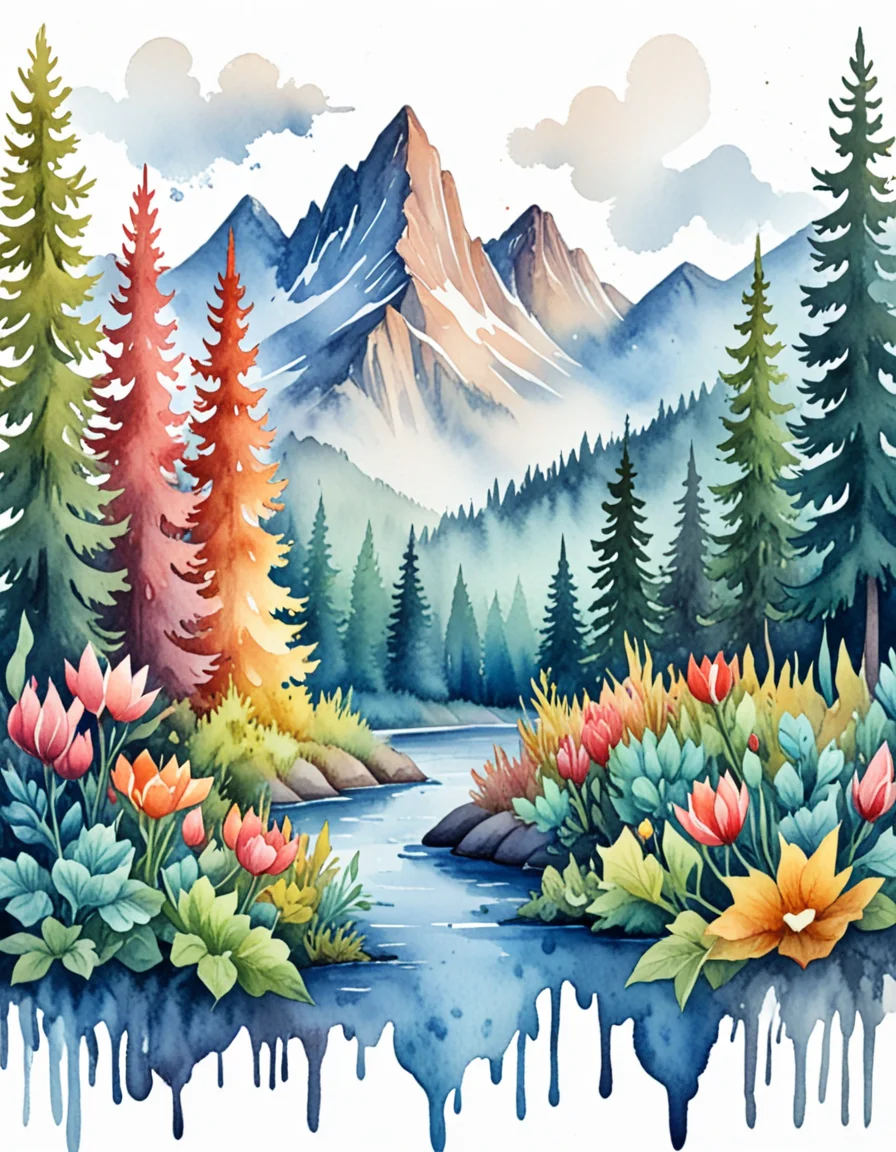 novuschroma65 style Misty Mountain Hop dripping watercolor on a white background <lora:novuschroma65 style:1> <lora:sdxl_lightning_8step_lora:1>