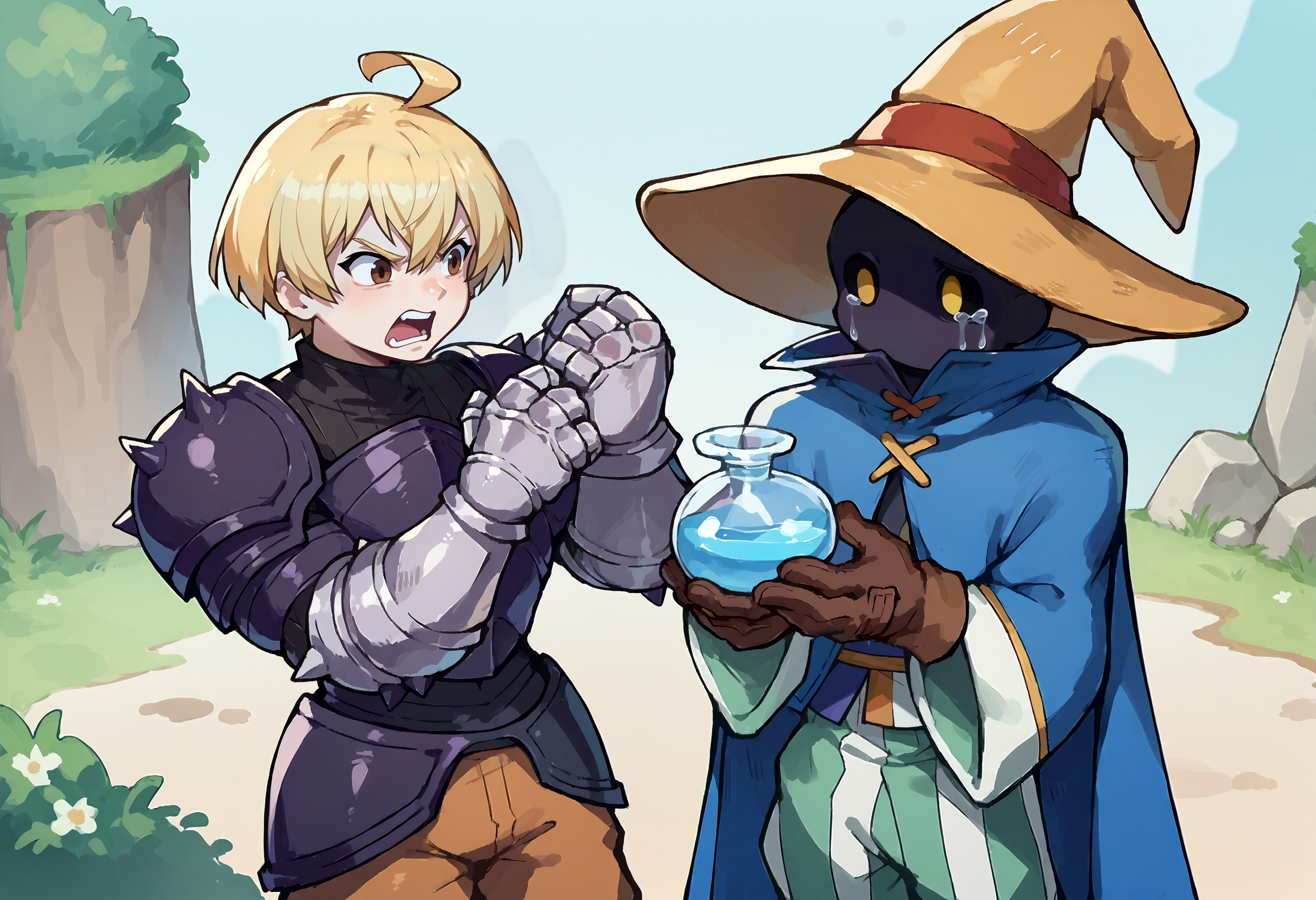 score_9, score_8_up, score_7_up, source_anime, 2boys, outdoors, looking at another, male focus, BREAK angry, shouting, open mouth, <lora:fframza-pdxl-nvwls-v1:0.8>, ramza beoulve, blonde hair, ahoge, brown eyes, short hair, black armor, spiked pauldrons, brown pants, armored boots, gauntlets, hand up,  BREAK <lora:Ziggy-pdxl_Fp:1>, ziggy, yellow eyes, shaded face, faceless, no mouth, wizard hat, striped pants, cloak, robe, brown gloves, blue potion, crying,