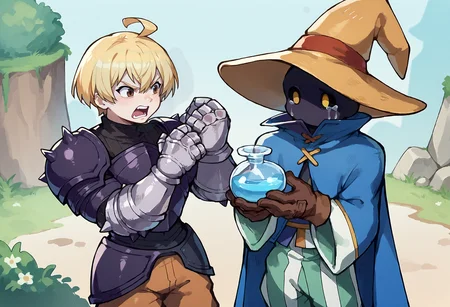 score_9, score_8_up, score_7_up, source_anime, 2boys, outdoors, looking at another, male focus, BREAK angry, shouting, open mouth, <lora:fframza-pdxl-nvwls-v1:0.8>, ramza beoulve, blonde hair, ahoge, brown eyes, short hair, black armor, spiked pauldrons, brown pants, armored boots, gauntlets, hand up, BREAK <lora:Ziggy-pdxl_Fp:1>, ziggy, yellow eyes, shaded face, faceless, no mouth, wizard hat, striped pants, cloak, robe, brown gloves, blue potion, crying,