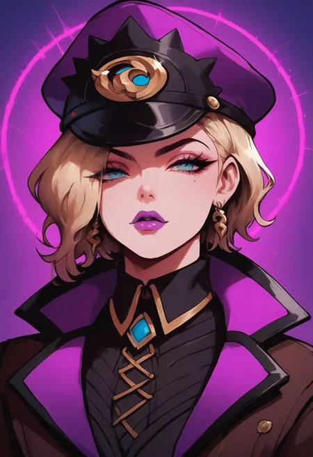 score_9, score_8_up, score_7_up, score_6_up, soul fighter, blue eyes, evelynn,1girl, cropped jacket, hat, pants, short hair, blonde hair, purple lips,source_anime, expressive face, speedlines, dynamic movements, ultra-detailed,highres,8k,perfect body,intricate details,depth of field, g0thicPXL, glowing, neon,