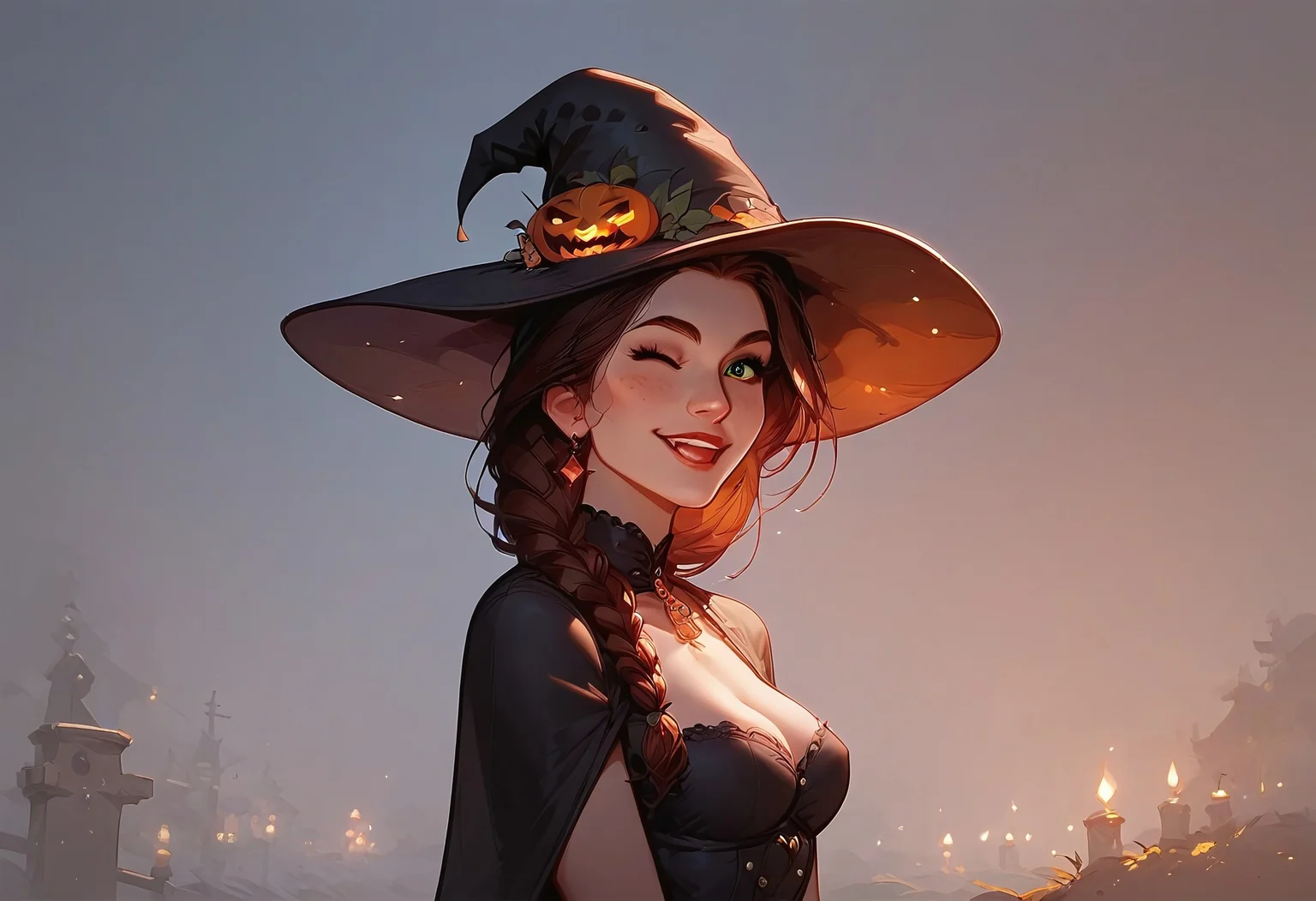 (score_9, score_8_up, score_7_up), Anna_Rice, brunette, braid hair, solo, pose, wearing a cute halloween costume, sorceress hat, black sorceress dress, halloween makeup, shushing, cemetery background, stone graves, strange graves, fog, scary, night, moonlight, bats, add details, easynegative, Expressiveh, zPDXL3